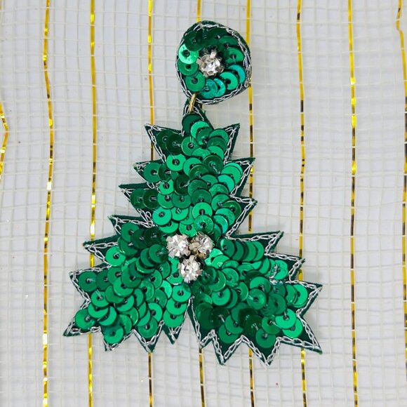 Handmade Green Tree sequin Earring - Picture 3 of 4